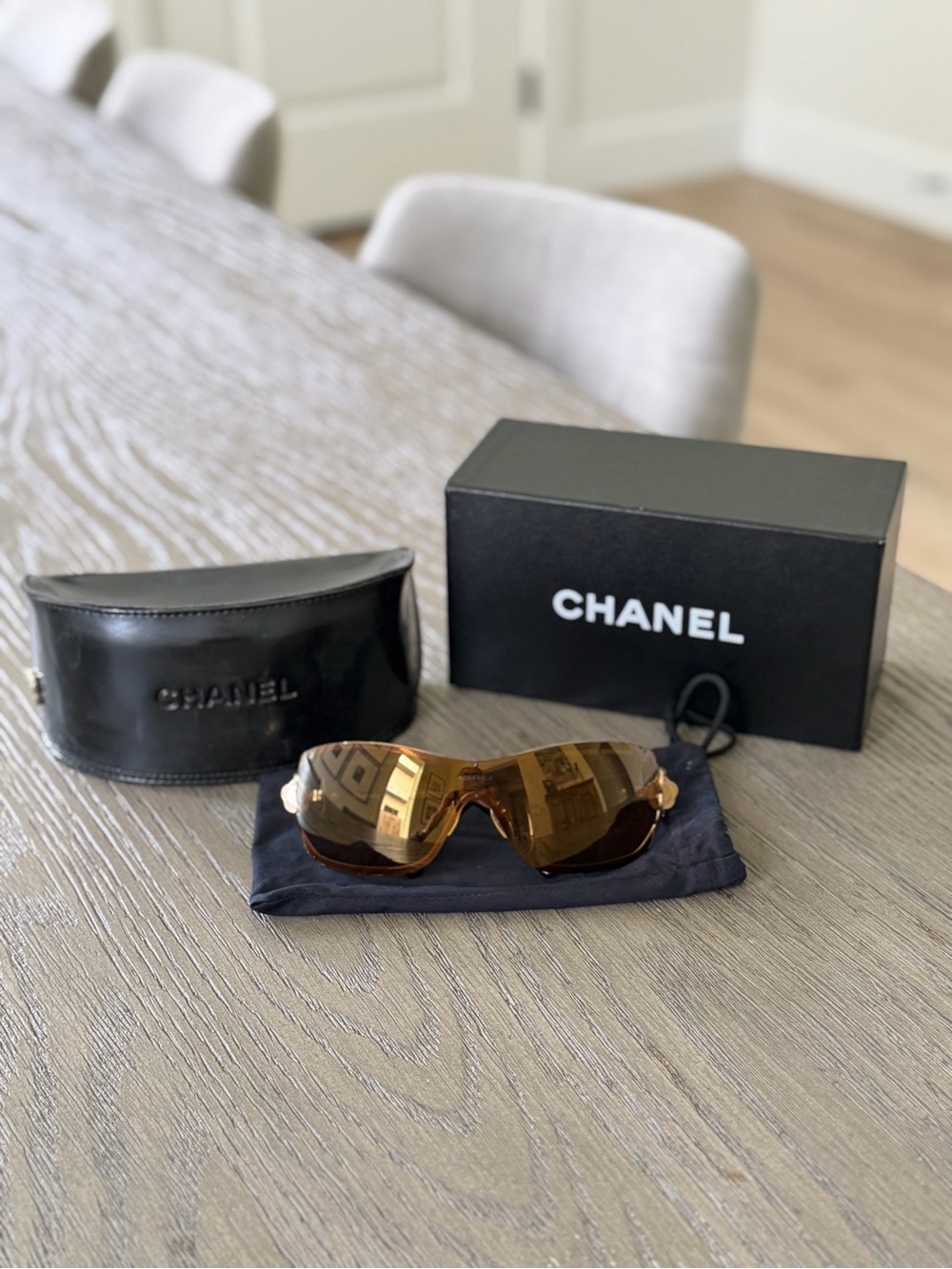 Vintage Chanel 4164-B Camellia Crystal Shield Sunglasses Brown Gold